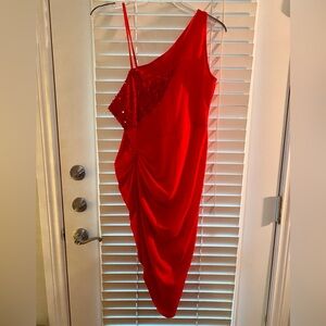 Elegant Red One-Shoulder Sequined Dress - Size 2XL